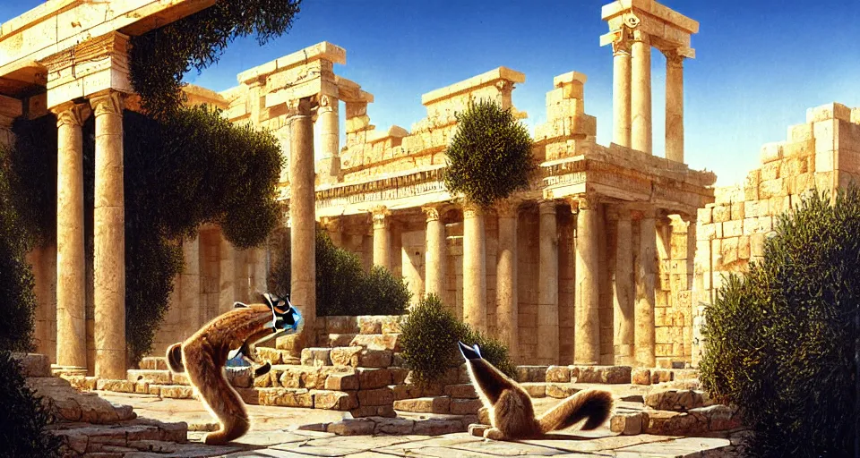 Image similar to pixar cute fluffy caracal in laurel wreath in a ancient greek town, marble temple, olive trees, sunny chris foss, john harris,, wayne barlowe