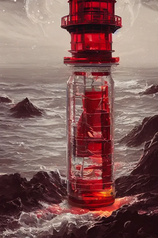 Prompt: a red and white lighthouse inside a clear bottle, very fancy whiskey bottle, intricate concept painting by tooth wu and wlop and beeple and dan mumford and greg rutkowski