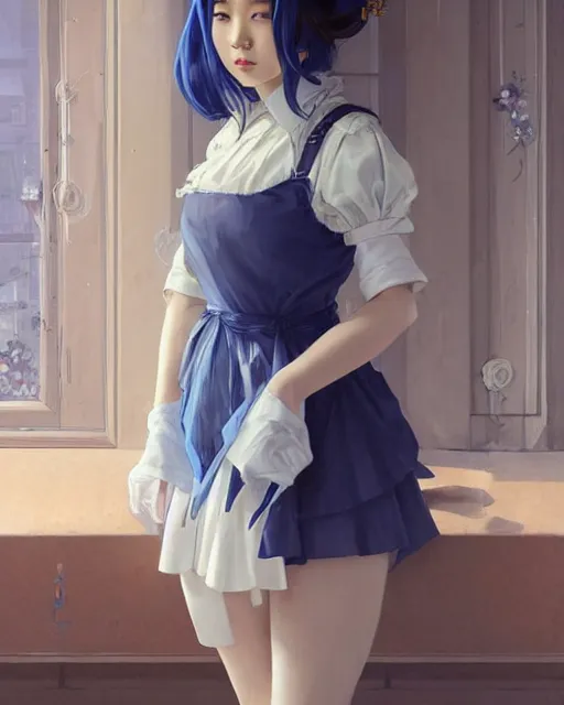 Prompt: symmetrical portrait of a pretty korean girl with blue hair dressed as a french maid digital painting, 8 k, concept art, art by wlop, artgerm, greg rutkowski and alphonse mucha