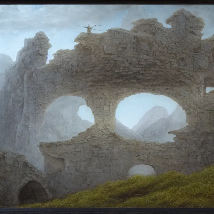 Prompt: a building in a landscape, by john howe