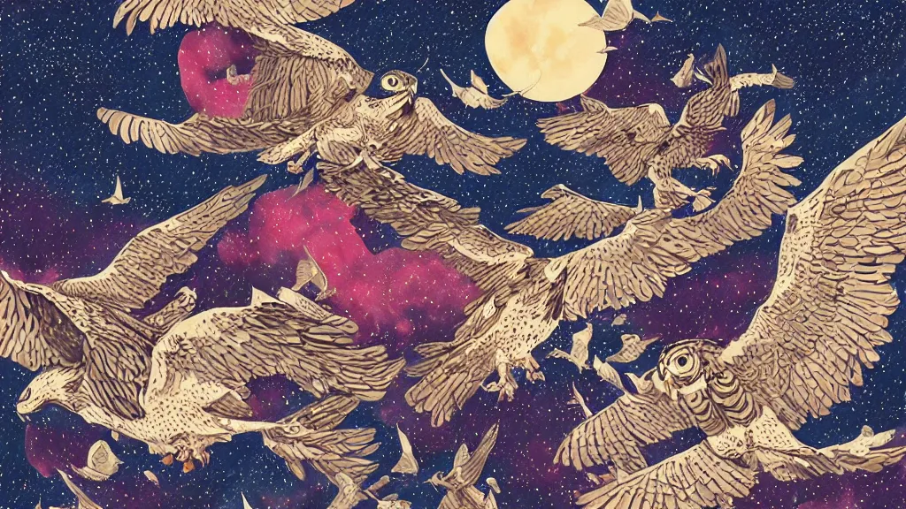 Prompt: very detailed, ilya kuvshinov, mcbess, rutkowski, watercolor quilt illustration of owls flying at night, colorful, deep shadows, tone mapping, astrophotography, highly detailed