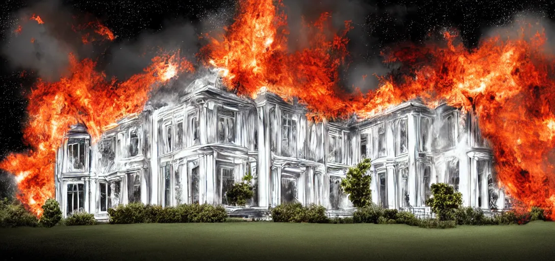 Image similar to white mansion engulfed in flames, digital art.