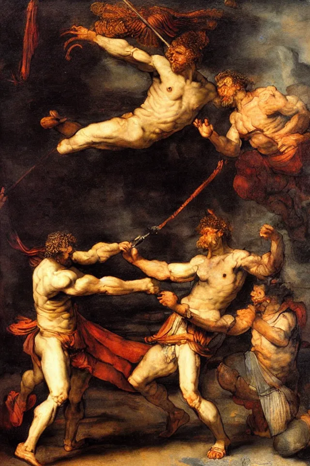Prompt: a portrait of greek god apollo fighting hades, art style of rembrandt, artistic