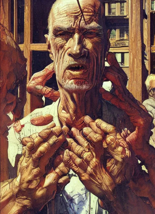 Prompt: realistic detailed image of a old man on a wooden cross in the middle of a busy city street in the style of Francis Bacon, crucifixion Surreal, Norman Rockwell and James Jean, Greg Hildebrandt, and Mark Brooks, triadic color scheme, By Greg Rutkowski, in the style of Francis Bacon and Syd Mead and Edward Hopper and Norman Rockwell and Beksinski, dark surrealism, open ceiling, highly detailed, painted by Francis Bacon, painted by James Gilleard, surrealism, by Nicola Samori, airbrush, Ilya Kuvshinov, WLOP, Stanley Artgerm, very coherent, art by Takato Yamamoto and James Jean