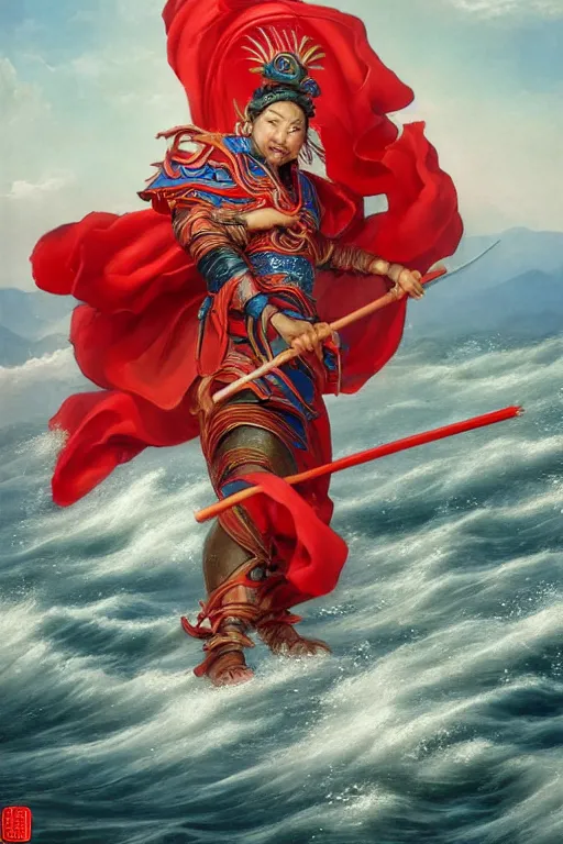 Image similar to a masterpiece portrait of legendry nezha flies riding on the wind fire wheels across the sea, water everywhere, chinese mythology, side view, red cloth around his shoulders, hold spear, cinematic, fantasy character portrait, highly detailed, by ne zha ( 2 0 1 9 ), fenghua zhong