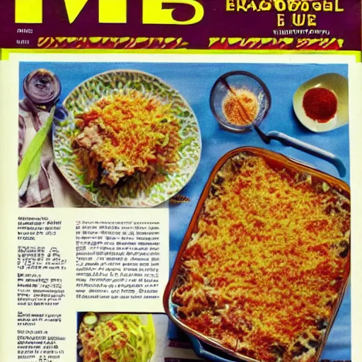 Prompt: enormous tuna casserole with unusual colorful ingredients, seventies era, high resolution magazine scan