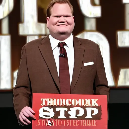 Prompt: Andy Richter is wearing a chocolate brown suit and necktie, holding a sign that reads Stop making these images of me of I WILL tell Conan!!