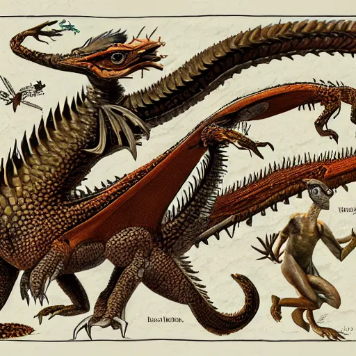 Image similar to an illustrated field guide to european dragons showing examples of males and females of each spicies, biological illustrations, art by john james audubon robert stebbins and terryl whitlatch and david sibley and charles darwin, highly detailed, intricately detailed, 8 k, trending on artstation