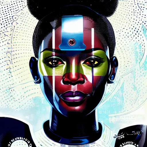 Image similar to portrait of a african female android, by MARVEL comics and Sandra Chevrier