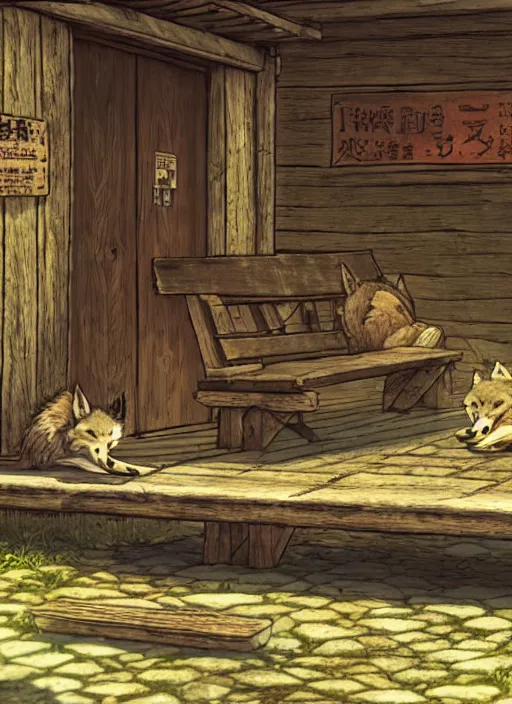 Image similar to cute coyote sleeping on a bench in a cozy tavern, hidari, color page, tankoban, 4K, tone mapping, Akihiko Yoshida.