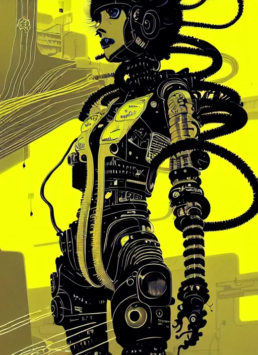 Image similar to highly detailed portrait of wasteland punk long curly bright yellow and white plasma electricity hair tribal lady, stray electric spark wiring by atey ghailan, james gilleard, by joe fenton, by greg rutkowski, by greg tocchini, by kaethe butcher, 4 k resolution, gradient yellow, black and white color scheme!!! ( ( lightning cloudy robotic dystopian city background ) )