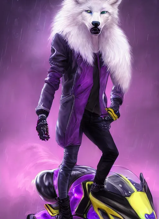 Image similar to award winning beautiful portrait commission of a male furry anthro albino wolf fursona with a tail and a cute beautiful attractive detailed furry face wearing stylish black, purple and yellow cyberpunk biker clothes riding a futuretech motorcycle in a cyberpunk city at night while it rains. Character design by charlie bowater, ross tran, artgerm, and makoto shinkai, detailed, inked, western comic book art