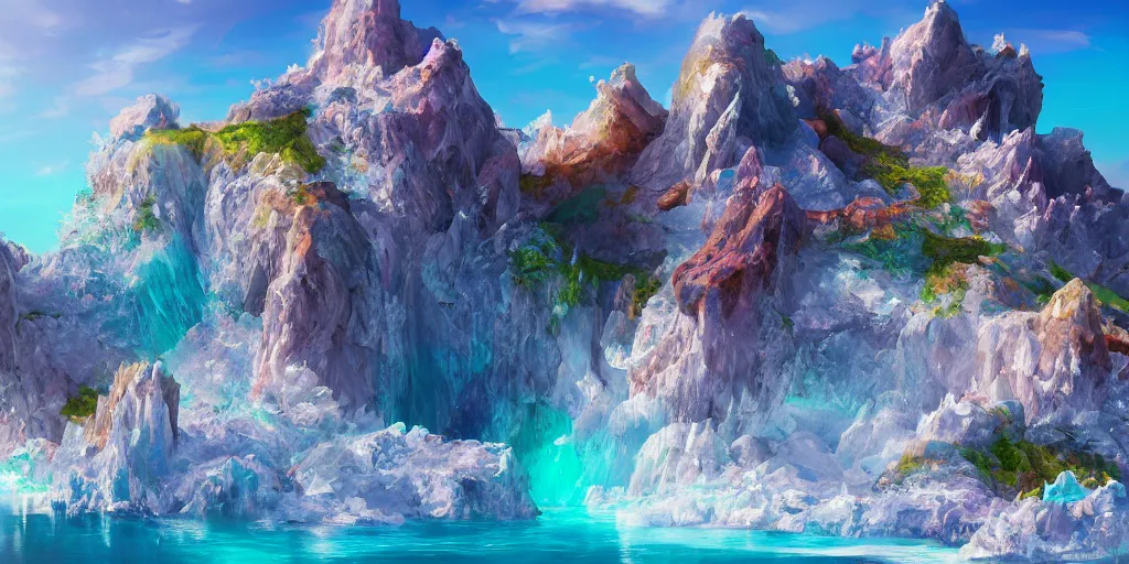 Image similar to salt covered islands surrounded by colourful rugged crystal quartz mountains, illustration, bright sunlight, sun glints, sunrays, digital art, oil painting, fantasy, 8 k, trending on artstation, detailed