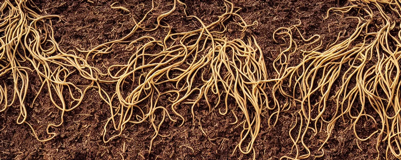 Prompt: roots made of spaghetti, growing from the dirt, kodachrome, in the style of wes anderson, retro