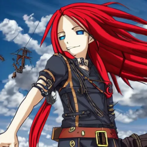 Image similar to sky-pirate with long red hair in front of a steampunk airship, full metal alchemist, anime style