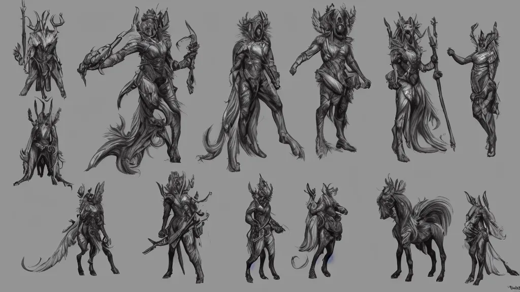 Image similar to a fantasy centaur warlock creature design sheet, trending on artstation