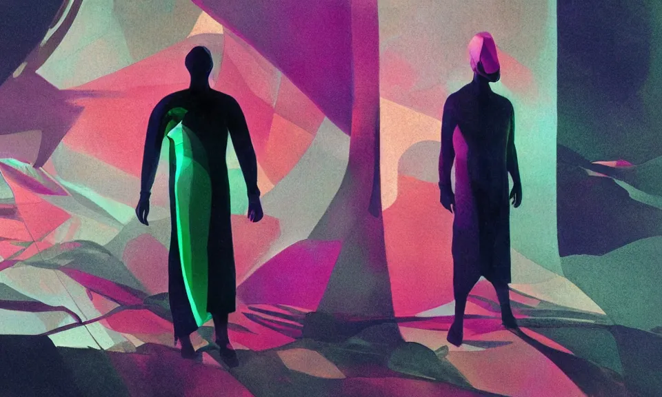 Image similar to modern shaman, modern minimal outfit by isei miyake, roger deakins, syd mead, triadic color scheme, bioluminiscent fabrics, concept art