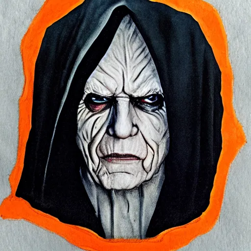 Image similar to portrait of Emperor Palpatine, Orange eyes, circles under the eyes, Star Wars movie Style, photo from the movie