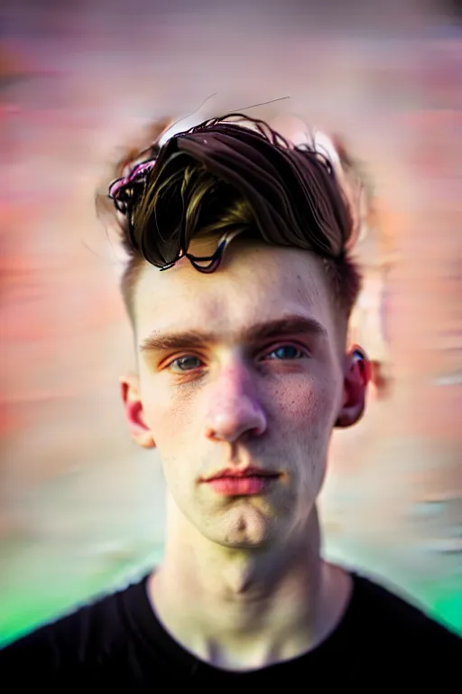 Image similar to high quality pastel coloured film mid angle selfie photograph of a beautiful young 2 0 year old male, soft features, short black hair, standing in an icelandic black rock environment. atmospheric. three point light. photographic. art directed. ( pastel colours ). volumetric light. clearcoat. waves glitch. 8 k. filmic.