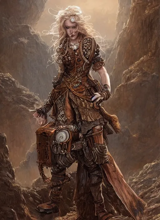 Prompt: highly detailed steampunk armor on a blond who is standing on a rock : leonardo da vinci, greg rutkowski, magali villeneuve