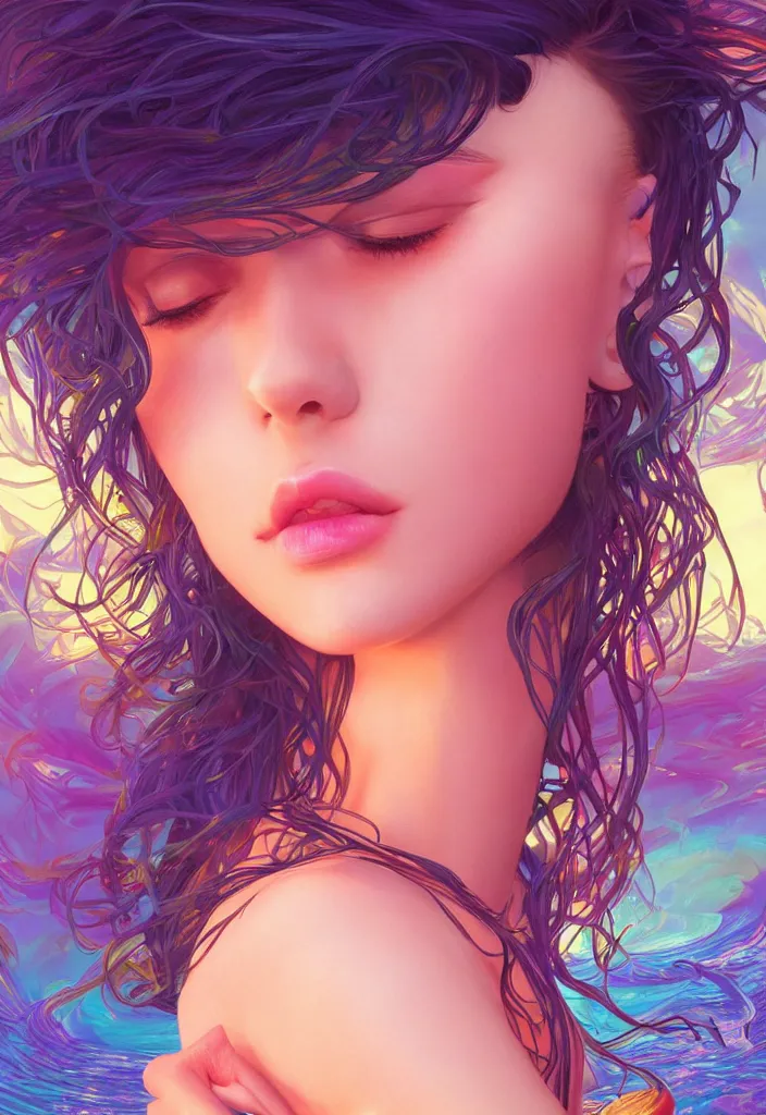 Image similar to beautiful, young woman, detailed gorgeous face, vaporwave aesthetic, synthwave, water waves, colorful, psychedelic, artstation, concept art, smooth, extremely sharp detail, finely tuned detail, ultra high definition, 8 k, unreal engine 5, ultra sharp focus, illustration, art by artgerm and greg rutkowski and alphonse mucha