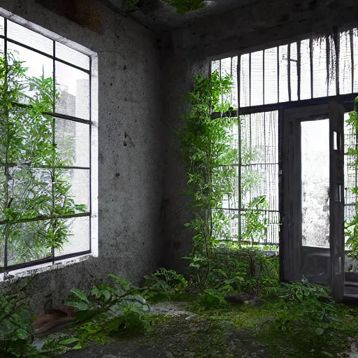Image similar to interior of a building in an overgrown abandoned hong kong, light pouring through a small window, deserted and decaying concrete, vines growing on the walls, unreal engine 5, raytracing, artstation, 8k