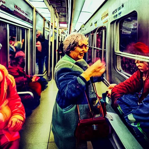 Prompt: fight between grandmas in the train moscow-ryazan, cyberpunk, neon, neon,