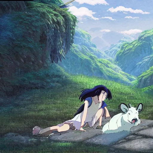 Prompt: kazuo oga background painting, princess mononoke, spirited away