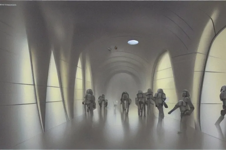 Image similar to ralph mcquarrie concept art for death star corridor interior with storm troopers