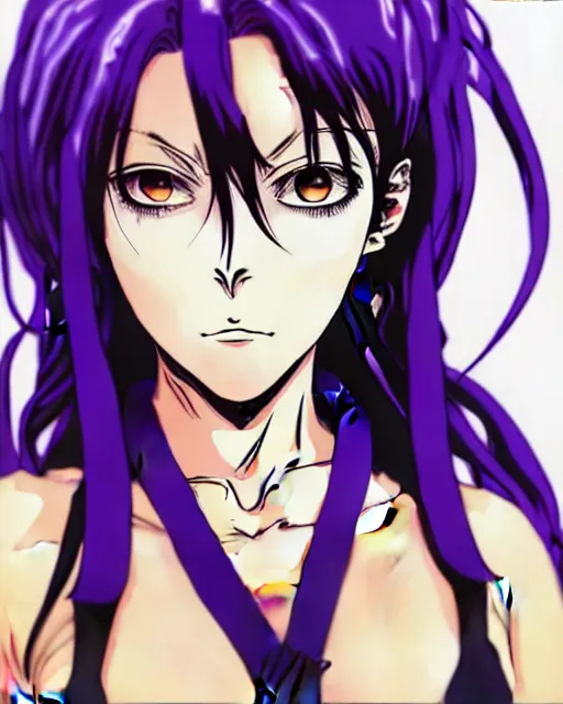 Image similar to style of madhouse studio anime, black lagoon manga, loish, artgerm, comic art, portrait of revy from black lagoon, symmetrical eyes and symmetrical face, jean shorts, white tank top, purple hair, sarcastic evil smirk on face, sky and ocean background