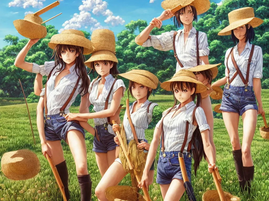 Image similar to mandragora farmer girls working on the sunny day, wearing a suspenders and straw hats, artgerm, artstation, art by hiroaki samura and jiro matsumoto and yusuke murata, box office hit, movie poster, unreal engine, octane render, sharp focus, high quality, highly detailed 8 k