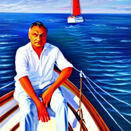 Image similar to viktor orban sailing a yacht, oil painting