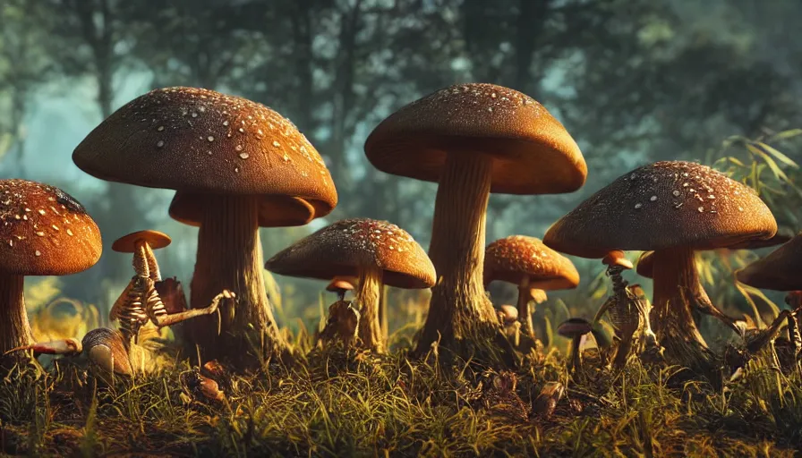 Image similar to hyper realistic highly detailed nature photography of mushroom skeleton zombies, prehistoric planet, volumetric lighting, octane render, 4 k resolution, golden hour