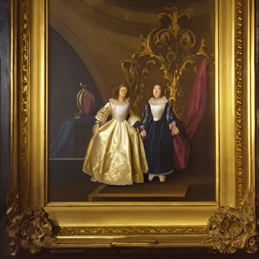 Image similar to oil on canvas. two women in a vast castle lobby wearing fine clothes. dark room with light coming through the right side of the place. baroque style 1 6 5 6. high quality painting, no distortion on subject faces.