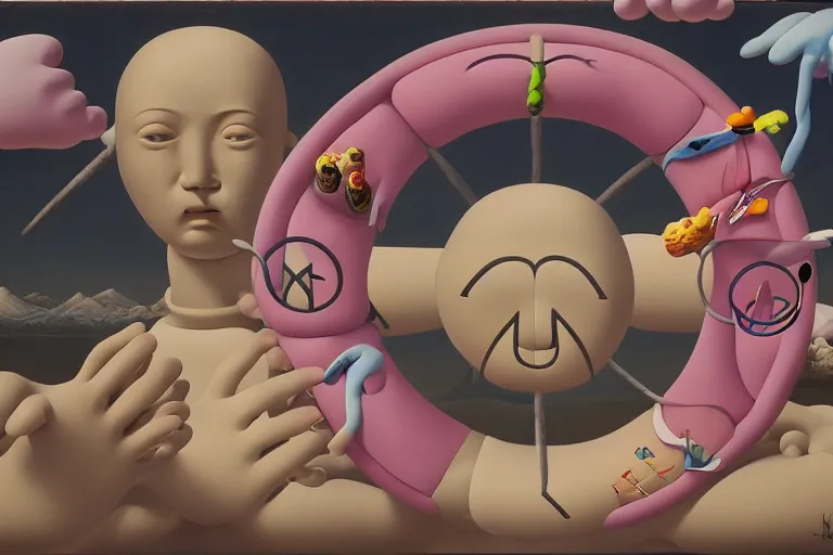 Prompt: peace sign by kaws, james jean and salvador dali and shusei nagaoka, oil on canvas, surrealism, neoclassicism, simple, renaissance, hyper realistic, cell shaded, 8 k