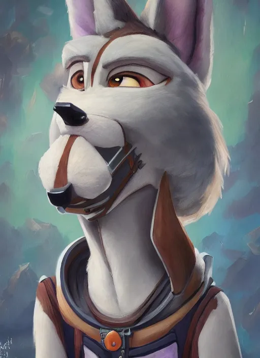 Image similar to oil painting detailed full body of anthromorphic female wolf, in style of zootopia, zootopia, zootopia, fursona, furry, furaffinity, 4 k, deviantart, furry art, fursona art, wearing astronaut outfit, in style of zootopia, wolf fursona, cyberpunk, female, expressive, detailed feminine face,