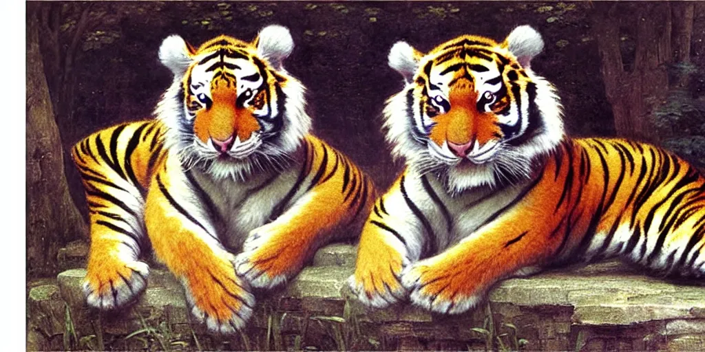 Prompt: 3 d precious moments plush tiger, realistic fur, muted blue, peach, gray, brown, purple color scheme, master painter and art style of john william waterhouse and caspar david friedrich and philipp otto runge