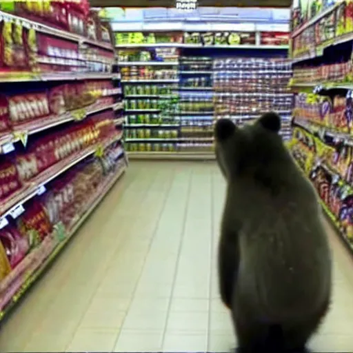 Image similar to beautiful grainy, blurry CCTV footage of a bear inside a supermarket