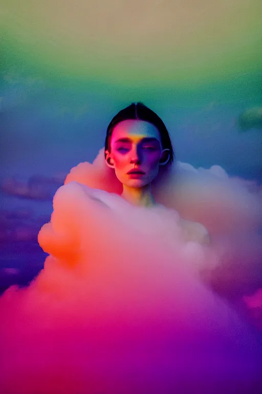 Image similar to high quality pastel coloured film close up wide angle photograph of a model wearing clothing resting on cloud furniture in a icelandic black rock!! environment in a partially haze filled dreamstate world. three point light, rainbow. photographic production. art directed. pastel colours. volumetric clouds. pastel gradient overlay. waves glitch artefacts. extreme facial clarity. 8 k. filmic.