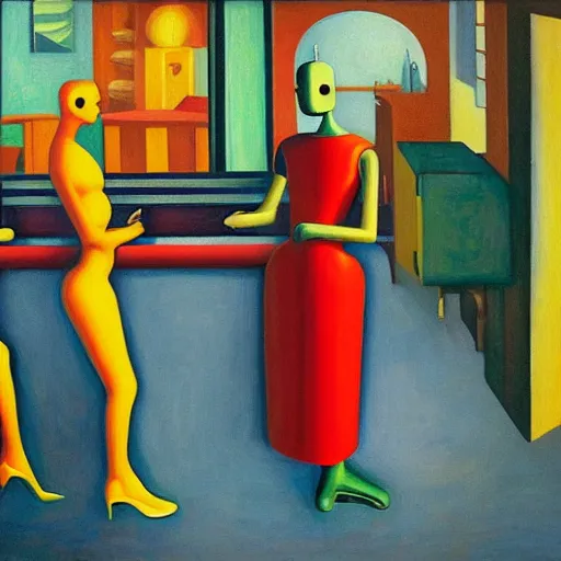 Image similar to disco robot monks, grant wood, pj crook, edward hopper, oil on canvas