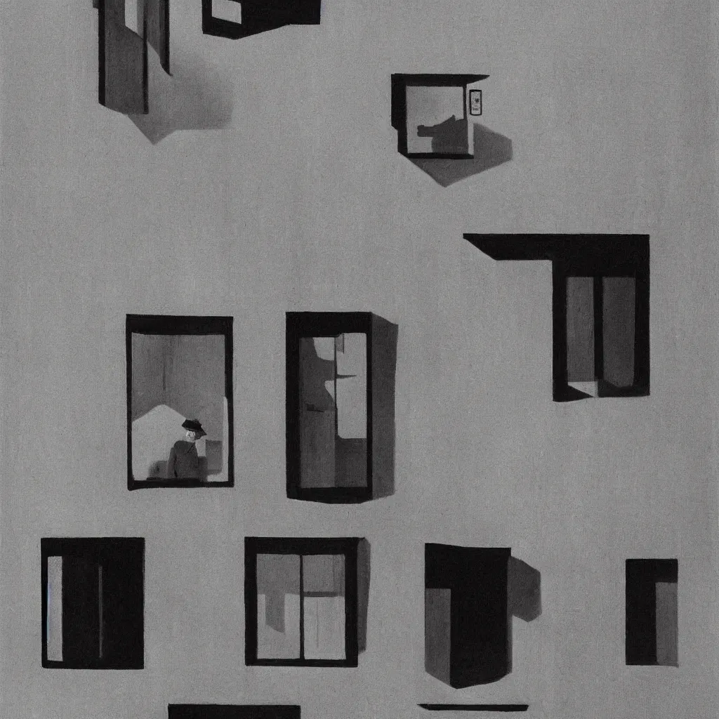 Prompt: On each landing, opposite the lift-shaft, the poster with the enormous face gazed from the wall. It was one of those pictures which are so contrived that the eyes follow you about when you move. BIG BROTHER IS WATCHING YOU, the caption beneath it ran. In the style of Edward Hopper