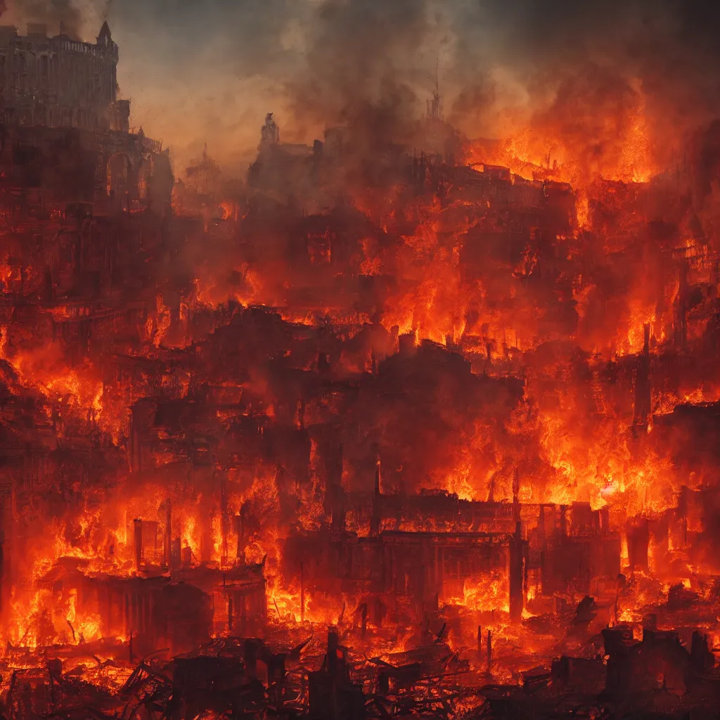 Image similar to painting of the great fire of rome, abstract, realism, 8 k, detailed, terror, octane render, 3 d render, complex emotion, glow, orange, beautiful, cinematic