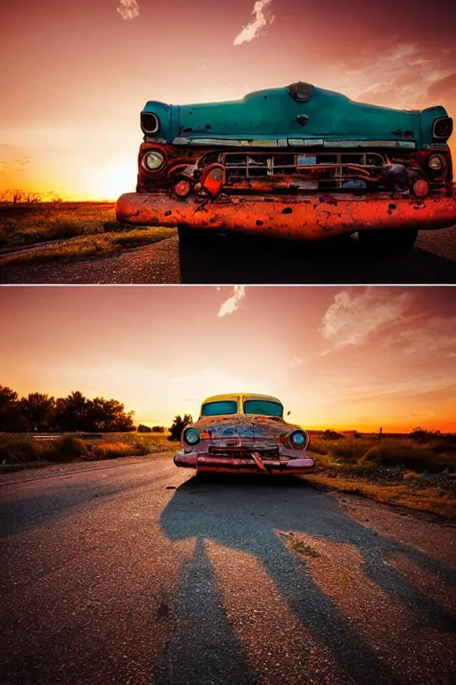 Image similar to a sunset light landscape with historical route 6 6, lots of sparkling details and sun ray ’ s, blinding backlight, smoke, volumetric lighting, colorful, octane, 3 5 mm, abandoned gas station, old rusty pickup - truck, beautiful epic colored reflections, very colorful heavenly, softlight