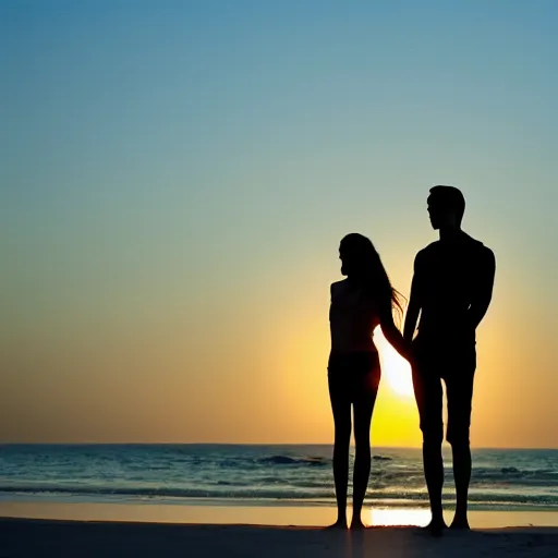 Prompt: Slim silhoutte of a couple on the beach, sunrise, ray tracing, uplifting mood, happiness, majestic, 16k