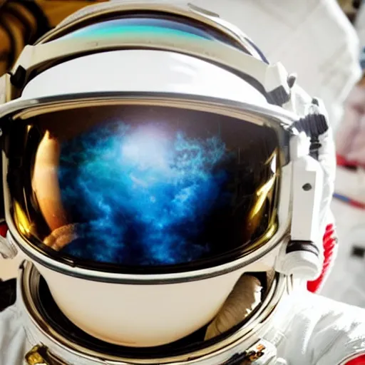 Image similar to a close up photo of an astronaut floating in space. his helmet visor is dark and reflective. you can see the reflection of the photographer in his helmet visor.