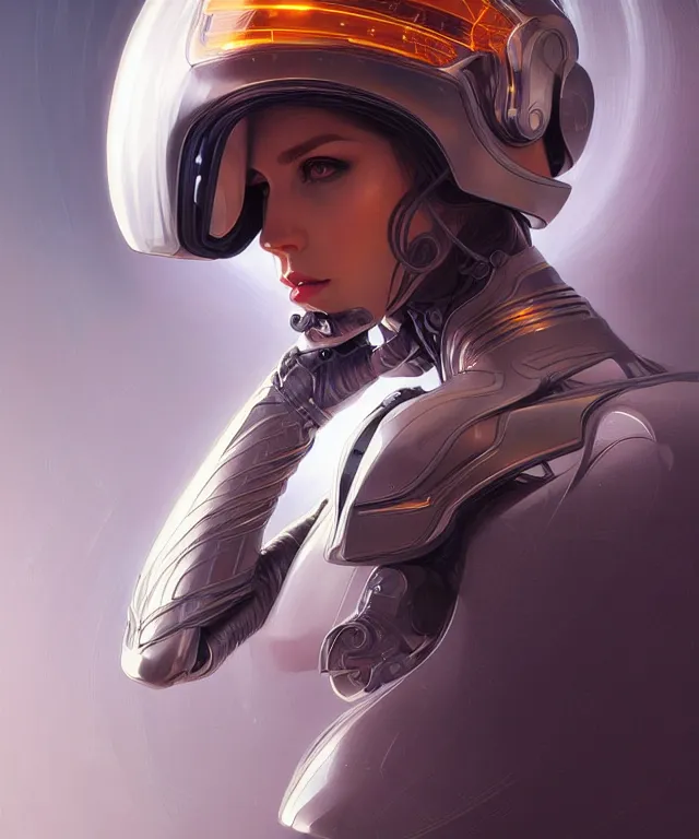 Image similar to futuristic woman in helmet portrait, sci-fi, amber eyes, face, long hair, fantasy, intricate, elegant, highly detailed, digital painting, artstation, concept art, smooth, sharp focus, illustration, art by artgerm and greg rutkowski and alphonse mucha