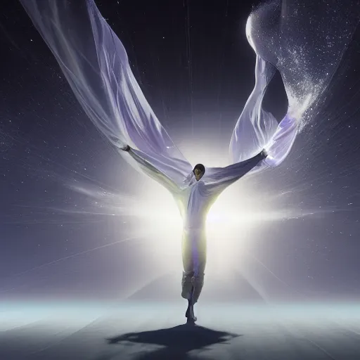 Prompt: a wide shot of an athletic beautiful young male with his whole body covered by a 1 0 meter long translucent iridiscent veil, floating dramatically in space, the veil moves with the wind, beautifull cosmic light, realistic detailed, unreal engine 5 digital art