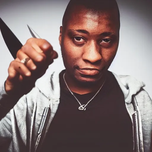 Image similar to photo of a dnb mc holding a knife