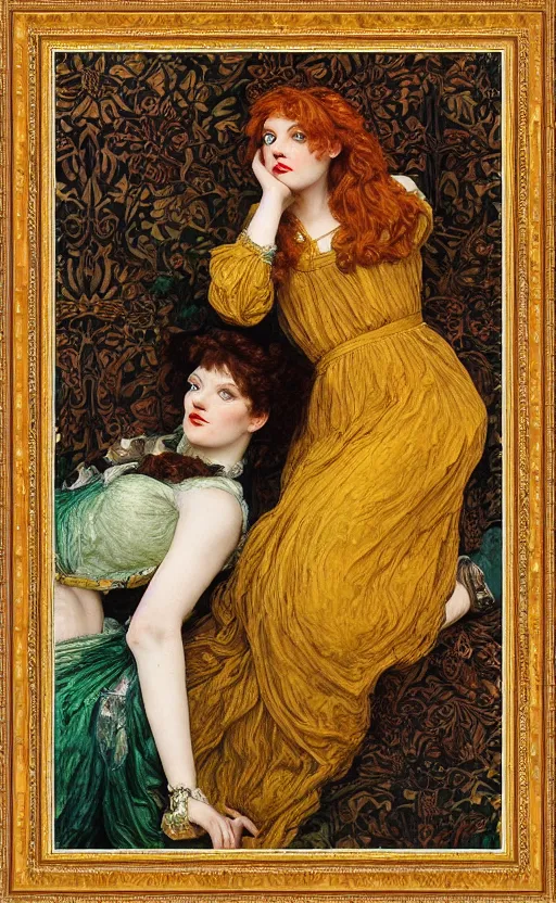 Image similar to preraphaelite full body portrait photography masterpiece hybrid of judy garland and florence welch, reclining, brown hair fringe, yellow ochre ornate medieval dress, kilian eng and william holman hunt, frederic leighton, ford madox brown, william morris, framed, 4 k