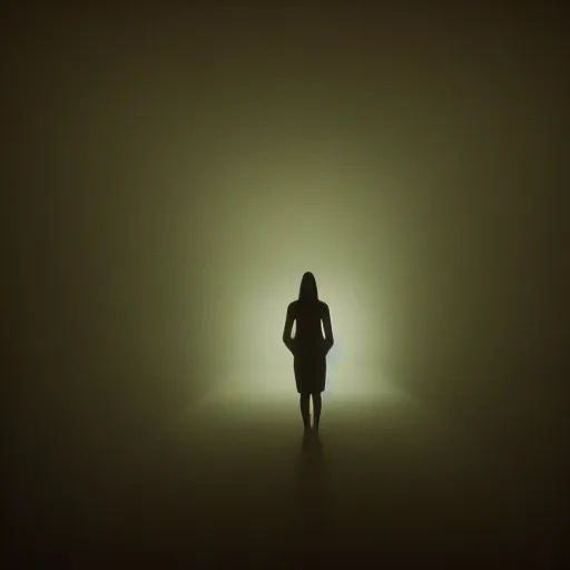 Prompt: dim lights shining through dark fog, emptiness, silhouette of a girl standing small, dress, psychedelic, spooky found footage, dramatic contrast, vast empty hall, trending on artstation